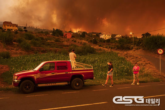지난 15일 밤 스페인 카나리아제도 테네리페섬에서 산불이 발생한 가운데, 19일 지역 거주민들이 대피하고 있다. AP 연합뉴스